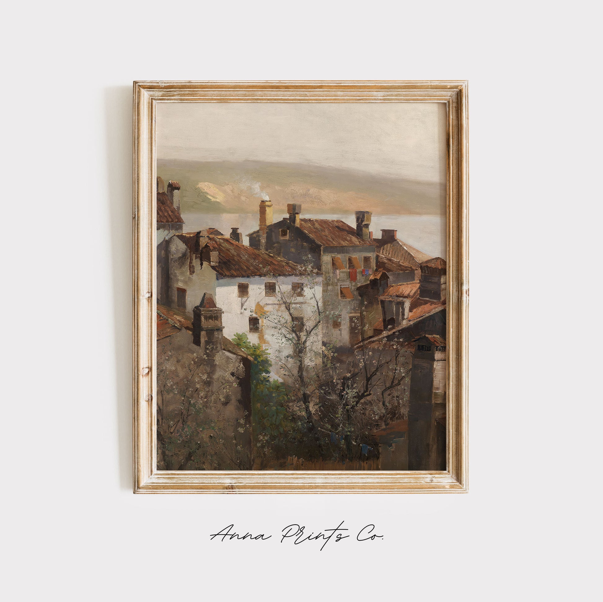 Vintage art print of Spring in Istria European Cityscape displayed in wooden frame