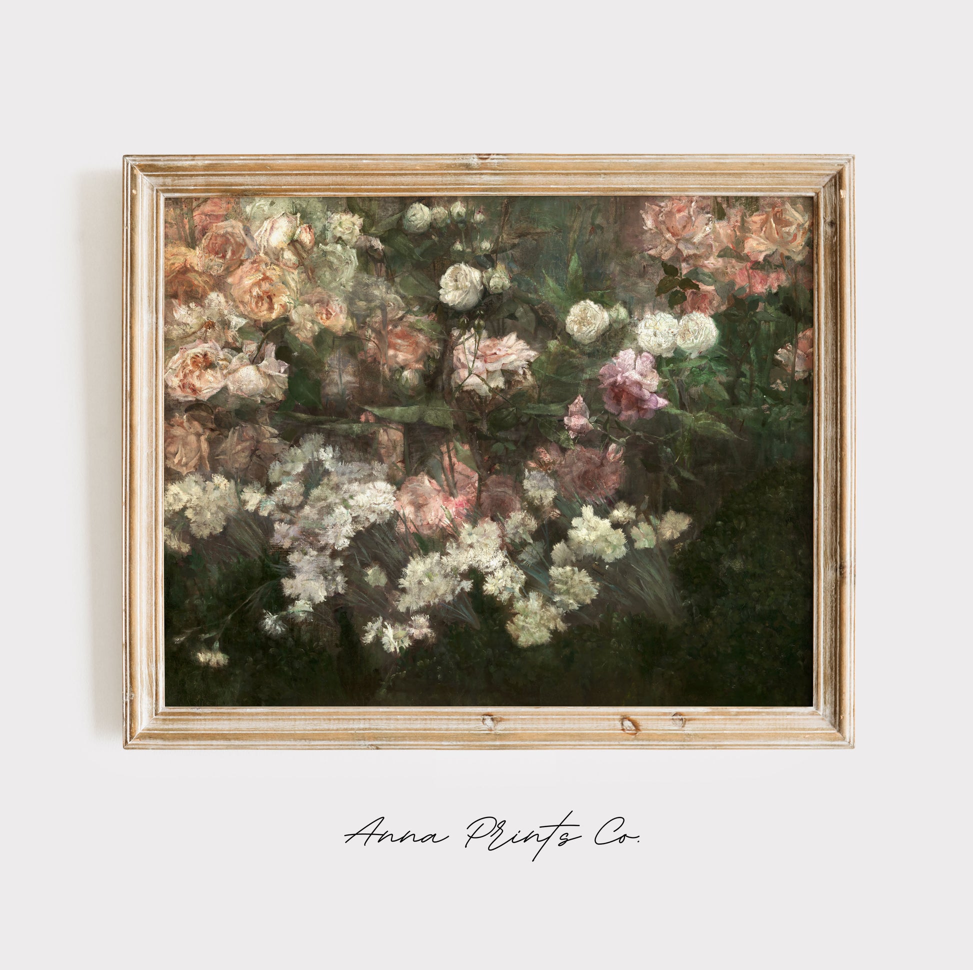 Vintage art print of Garden in May Garden Flower Painting displayed in wooden frame