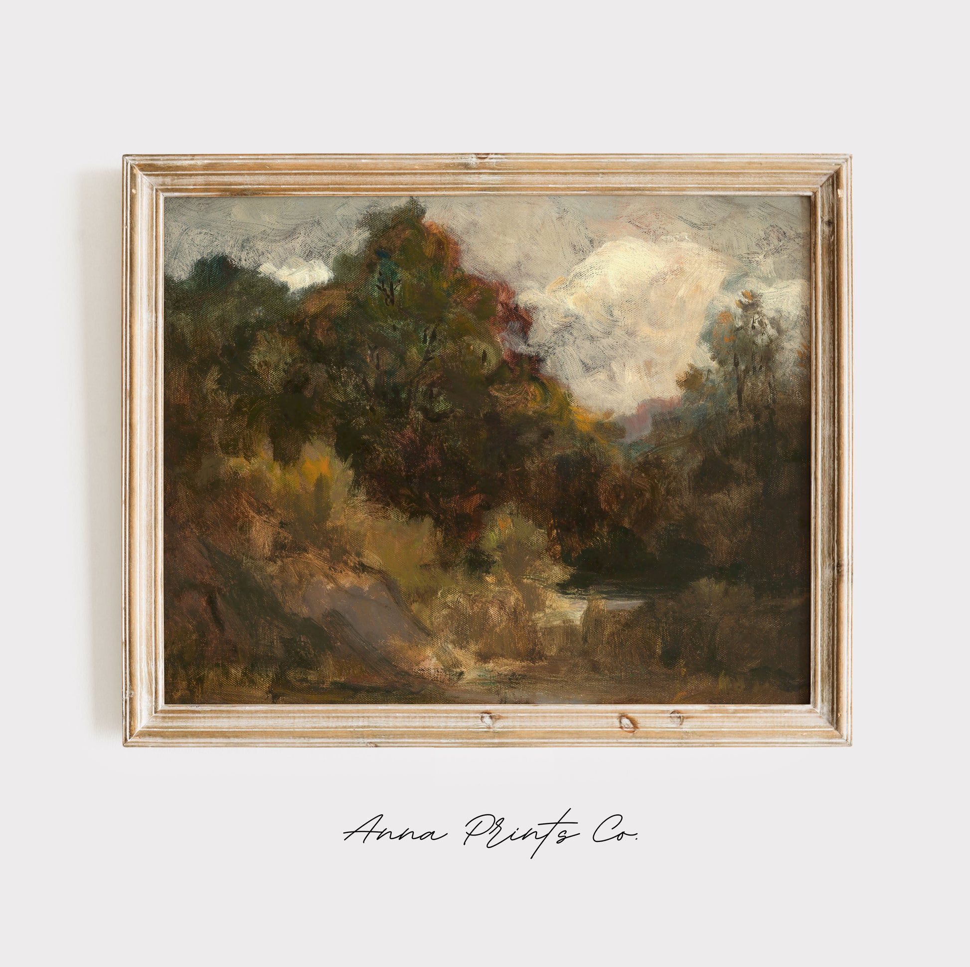 Vintage art print of Landscape, Trees) Moody Artwork displayed in wooden frame