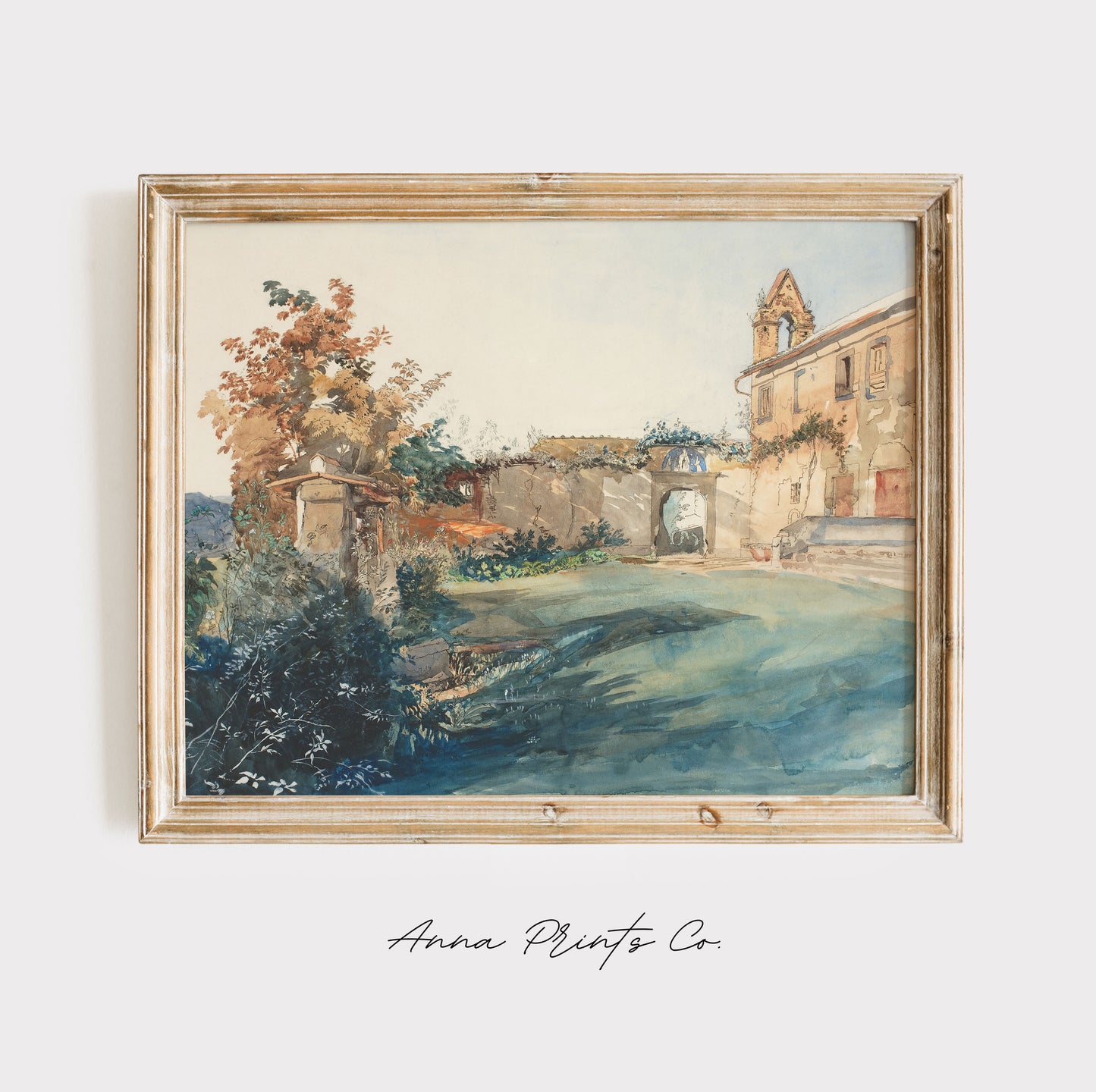 Vintage art print of Italian Villa Garden Watercolor displayed in wooden frame