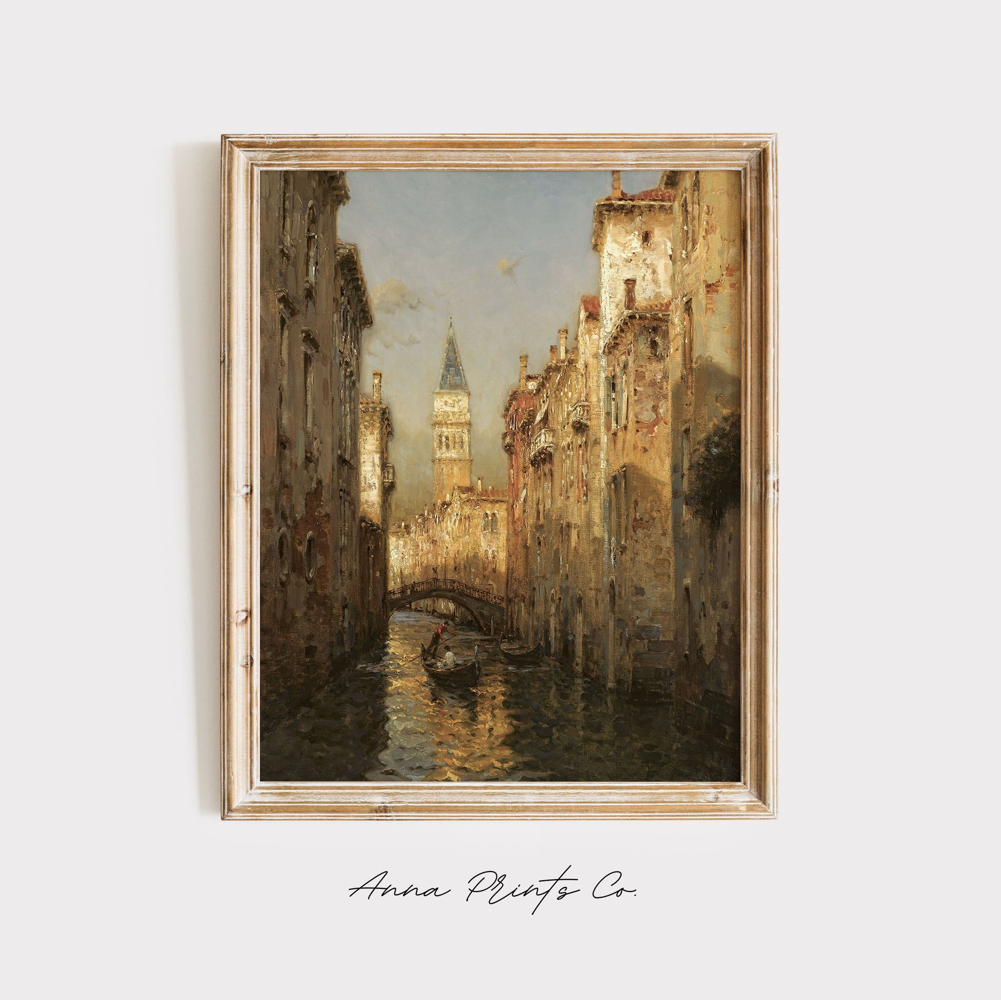 Vintage art print of Venice European Cityscape Painting displayed in wooden frame