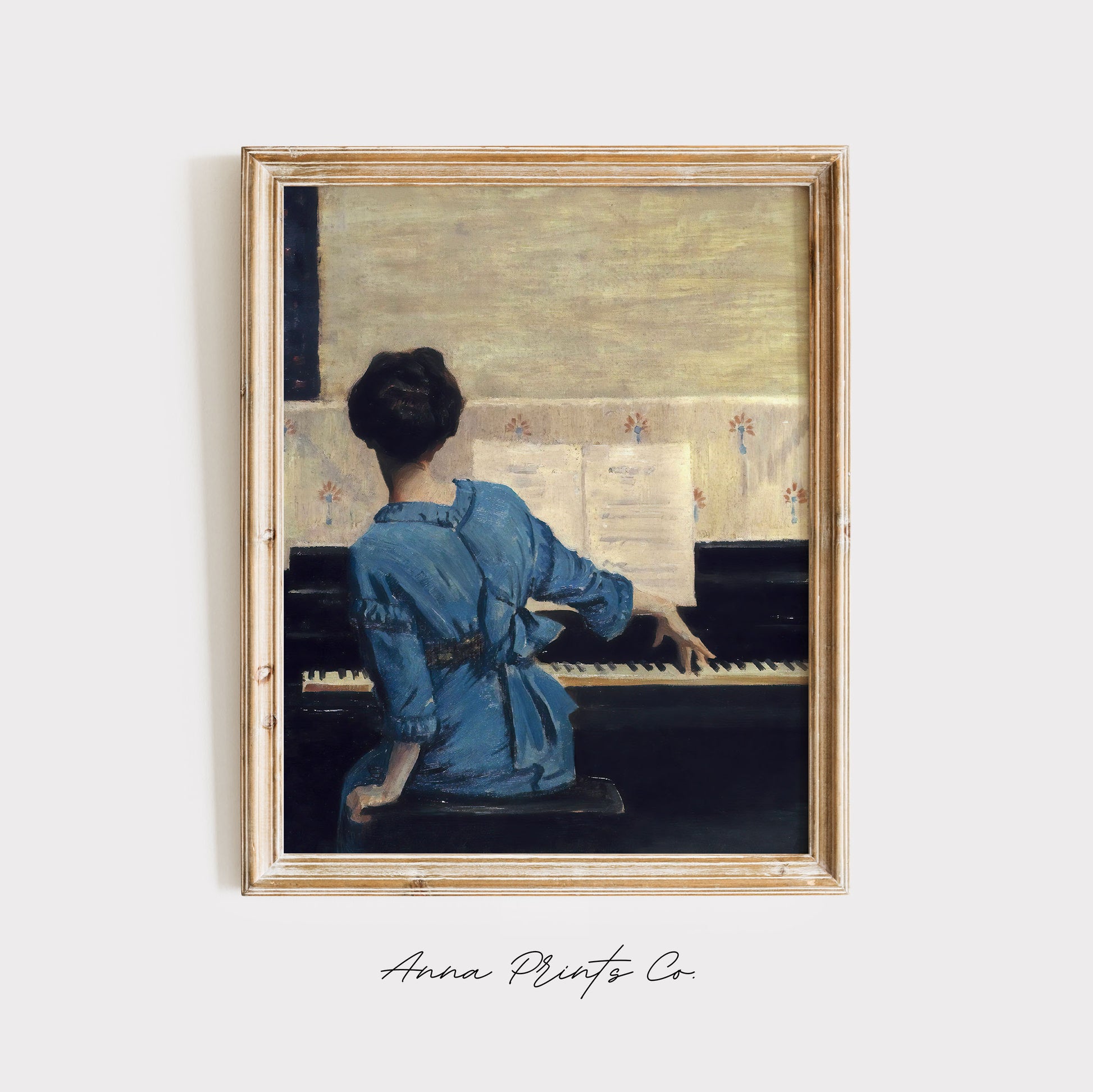 Vintage art print of Woman Playing Piano Painting displayed in wooden frame