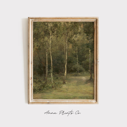 Vintage art print of Wooded Landscape Cottage Painting displayed in wooden frame