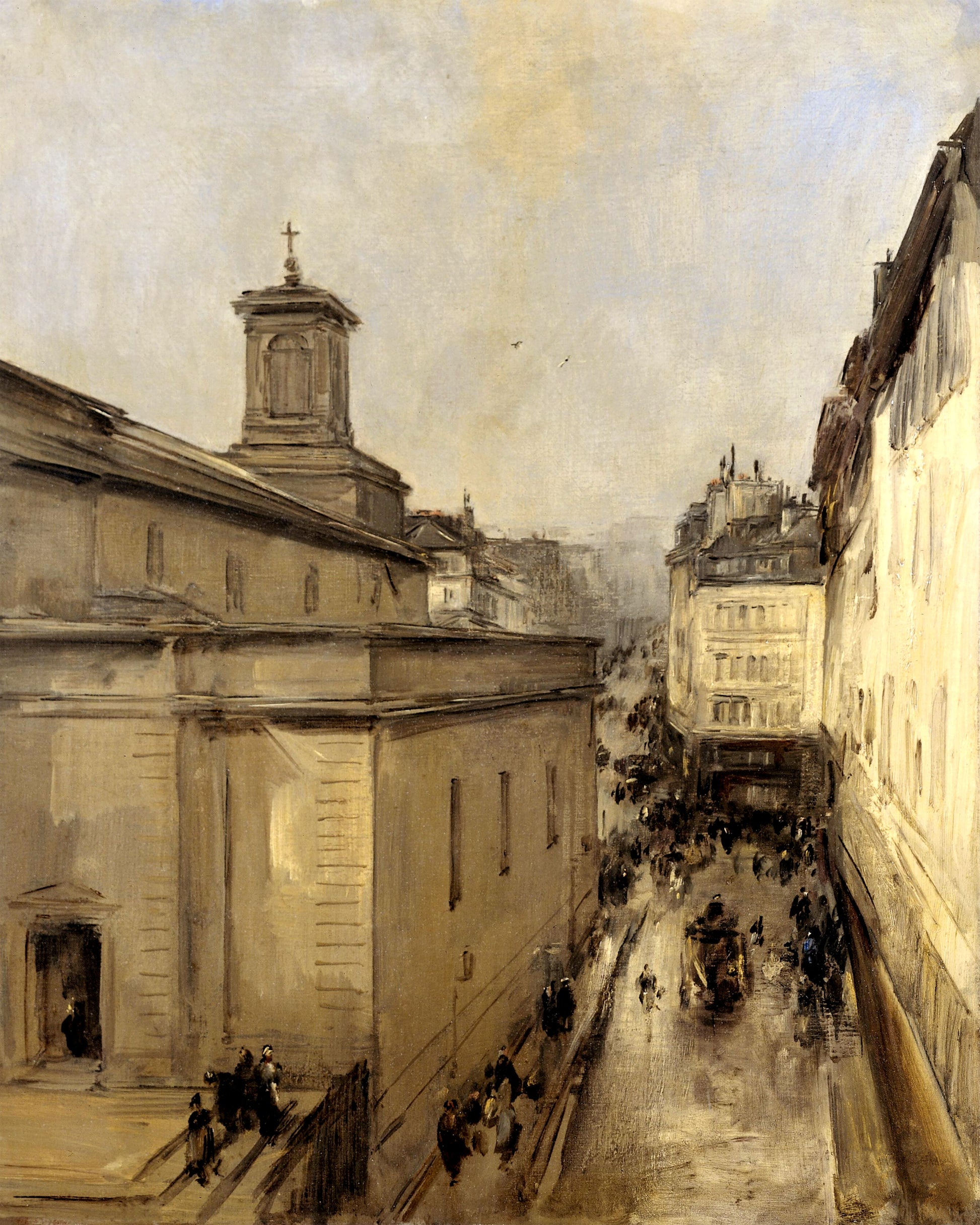 Art print of View of the Notre Dame de Lorette and the Rue Fléchier in Paris by Antoine Vollon, late 19th century
