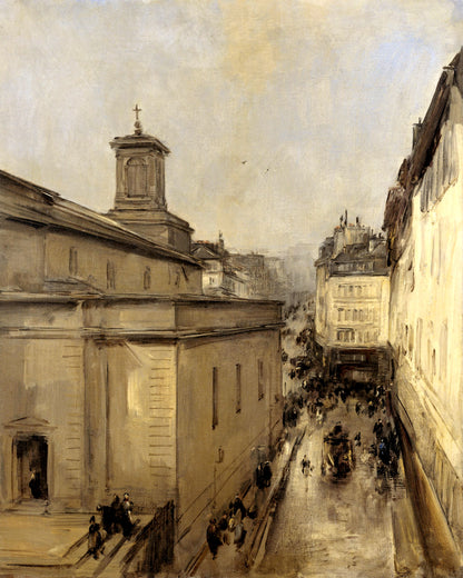 Art print of View of the Notre Dame de Lorette and the Rue Fléchier in Paris by Antoine Vollon, late 19th century