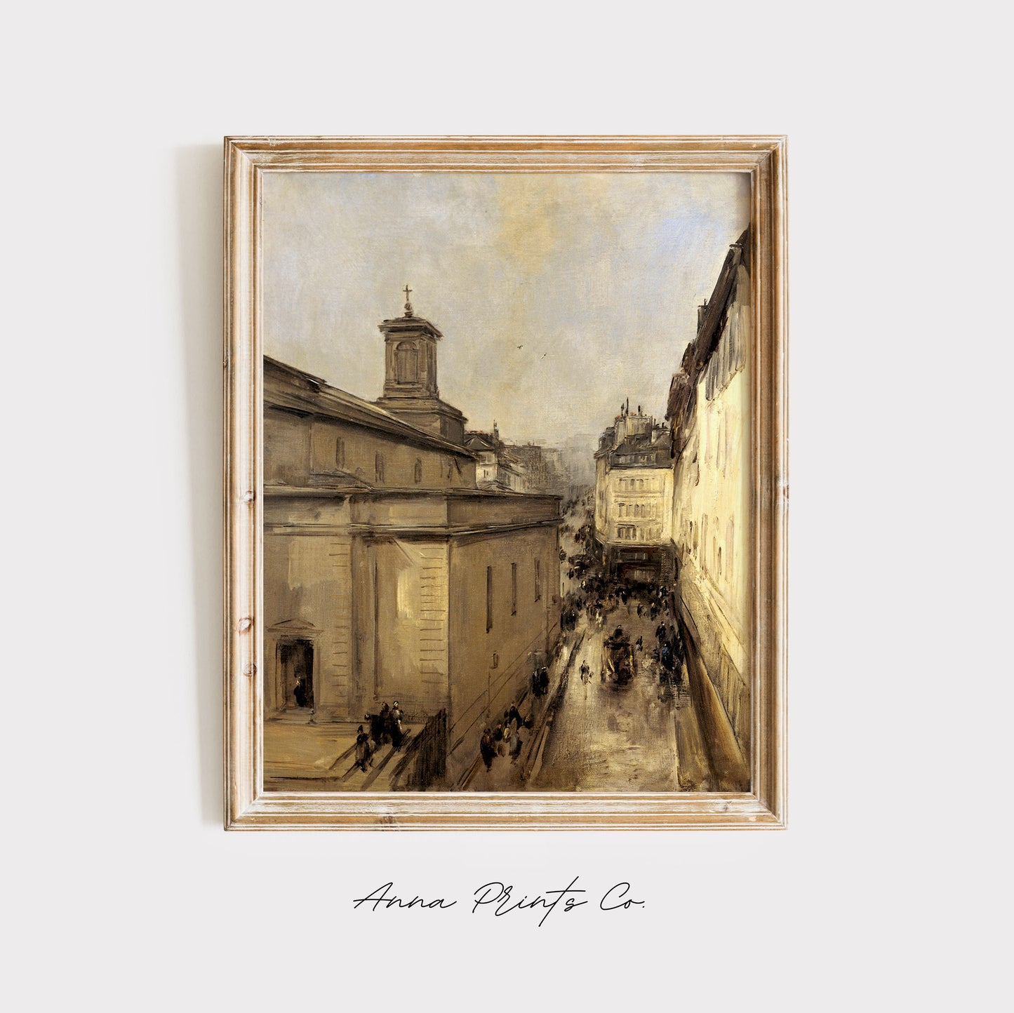 Vintage art print of View of Notre Dame Paris Cityscape displayed in wooden frame