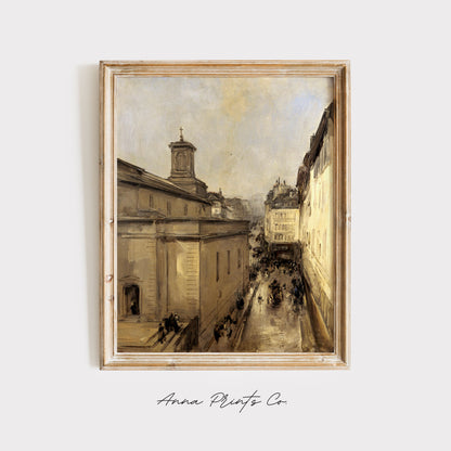 Vintage art print of View of Notre Dame Paris Cityscape displayed in wooden frame