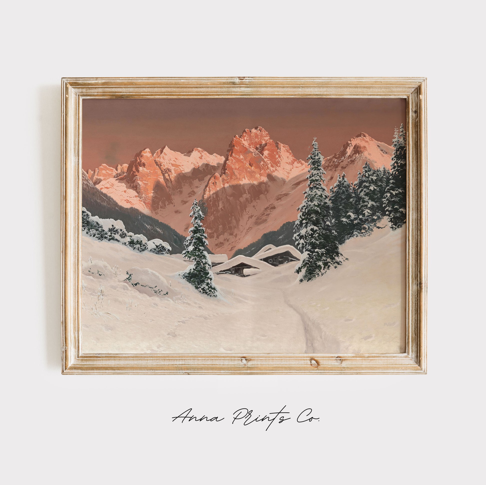 Vintage art print of Sunset in the Kaisertal Winter Scene displayed in wooden frame