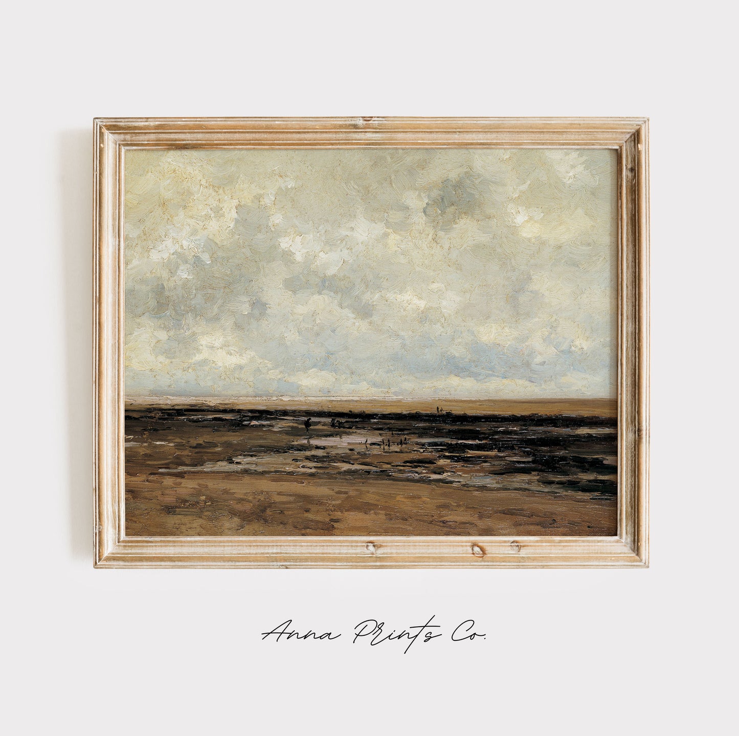 Vintage art print of Villerville Beach Coastal Painting displayed in wooden frame