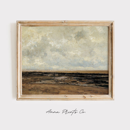 Vintage art print of Villerville Beach Coastal Painting displayed in wooden frame