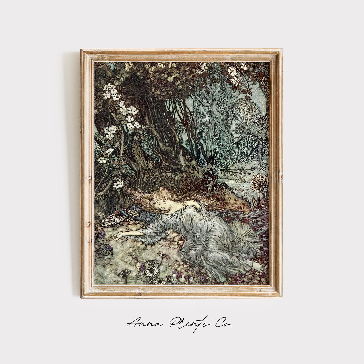 Vintage art print of Titania Asleep Illustration displayed in wooden frame