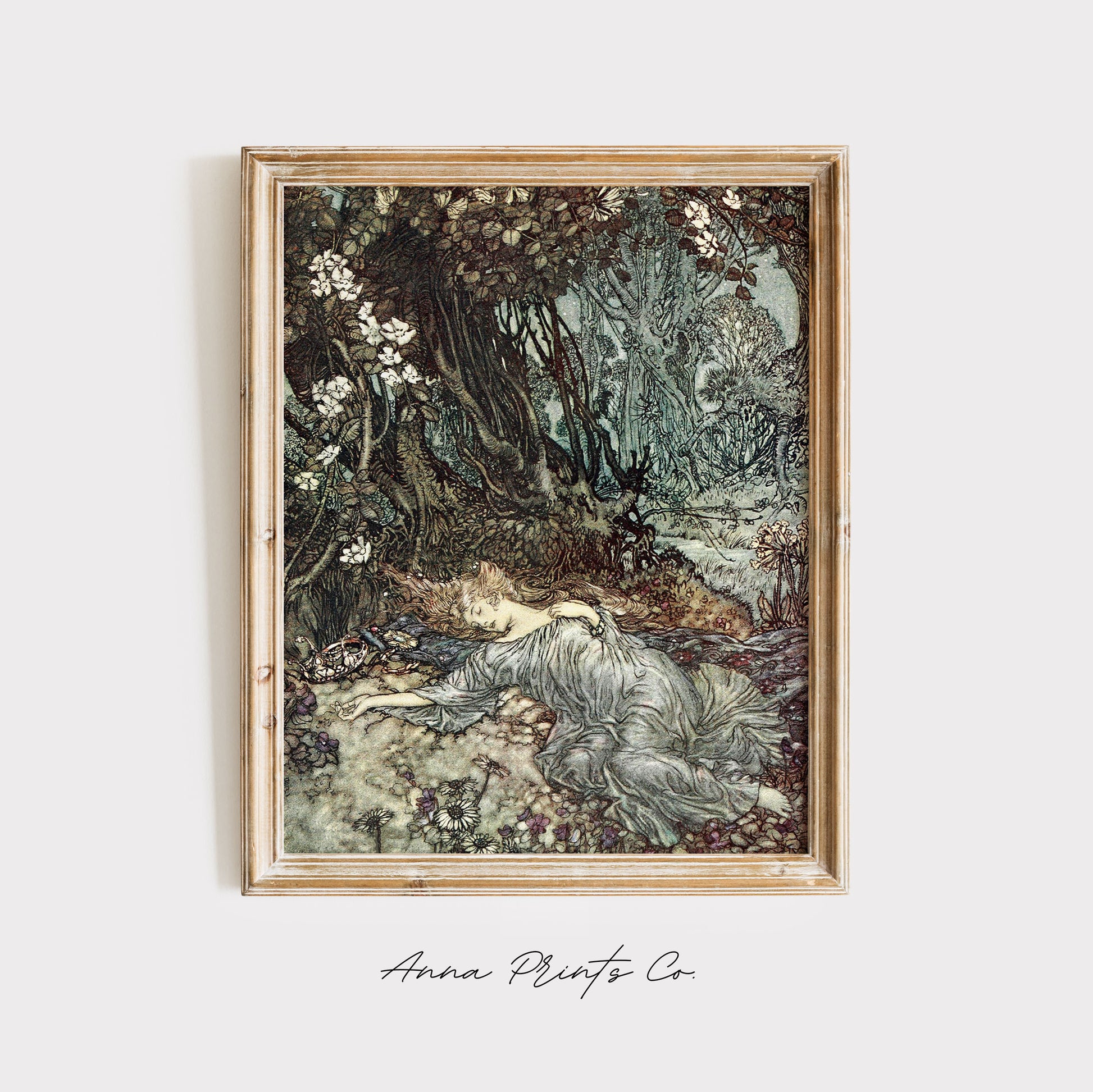 Vintage art print of Titania Asleep Illustration displayed in wooden frame