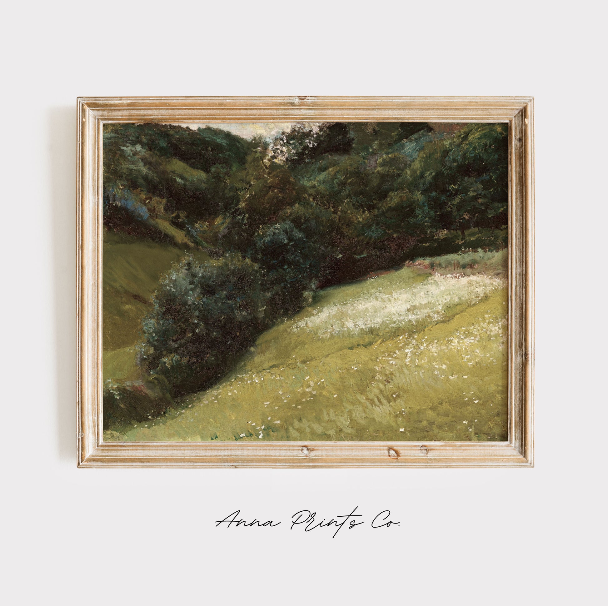 Vintage art print of Field in Asturias Green Landscape displayed in wooden frame