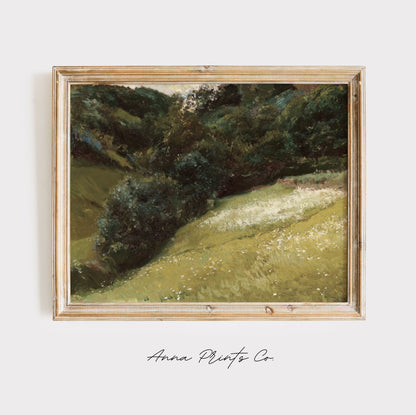 Vintage art print of Field in Asturias Green Landscape displayed in wooden frame