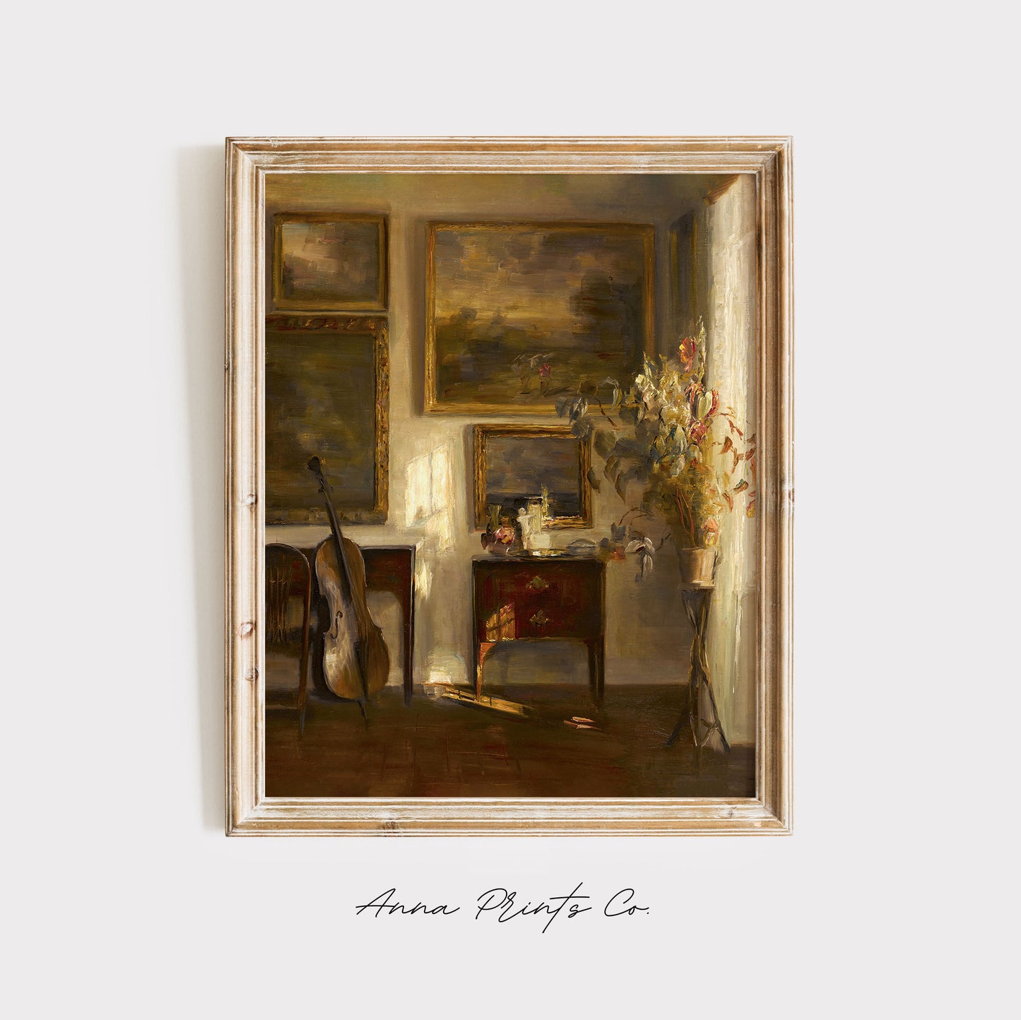 Vintage art print of Interior with Cello Antique Painting displayed in wooden frame