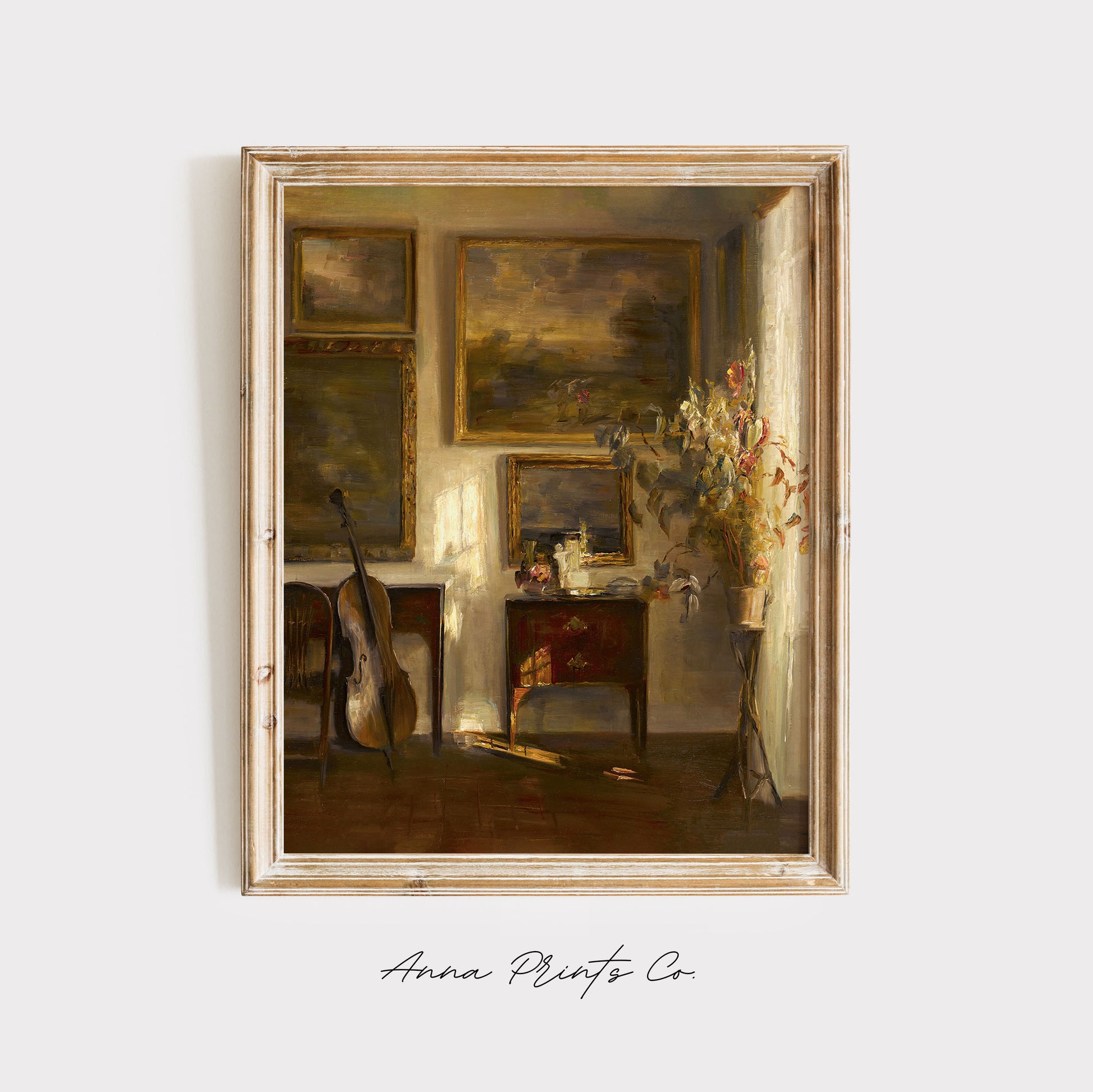 Vintage art print of Interior with Cello Antique Painting displayed in wooden frame