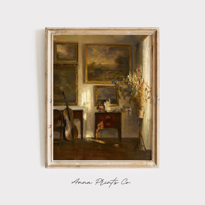 Vintage art print of Interior with Cello Antique Painting displayed in wooden frame