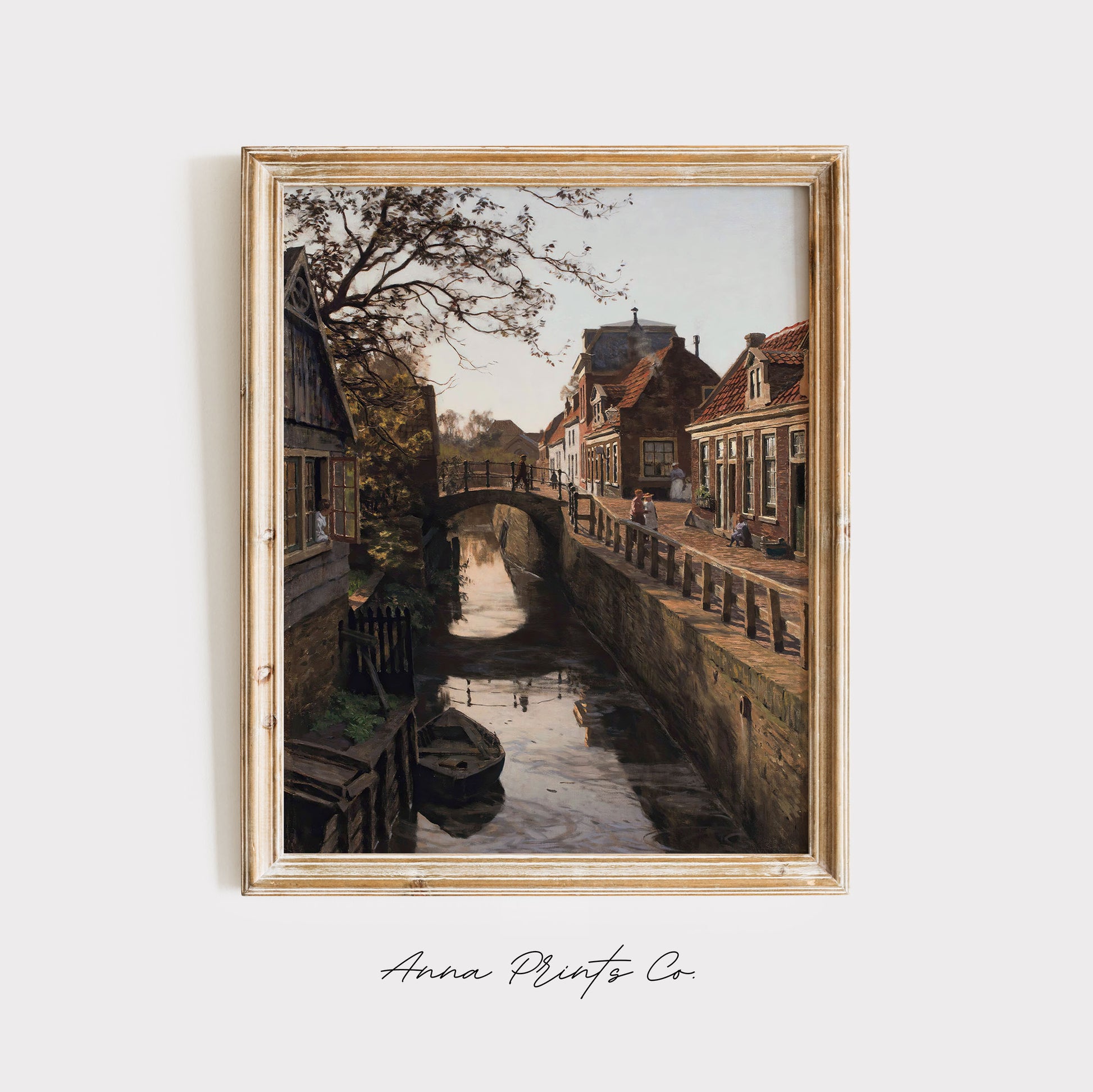 Vintage art print of Dutch Canal Cityscape Paintig displayed in wooden frame