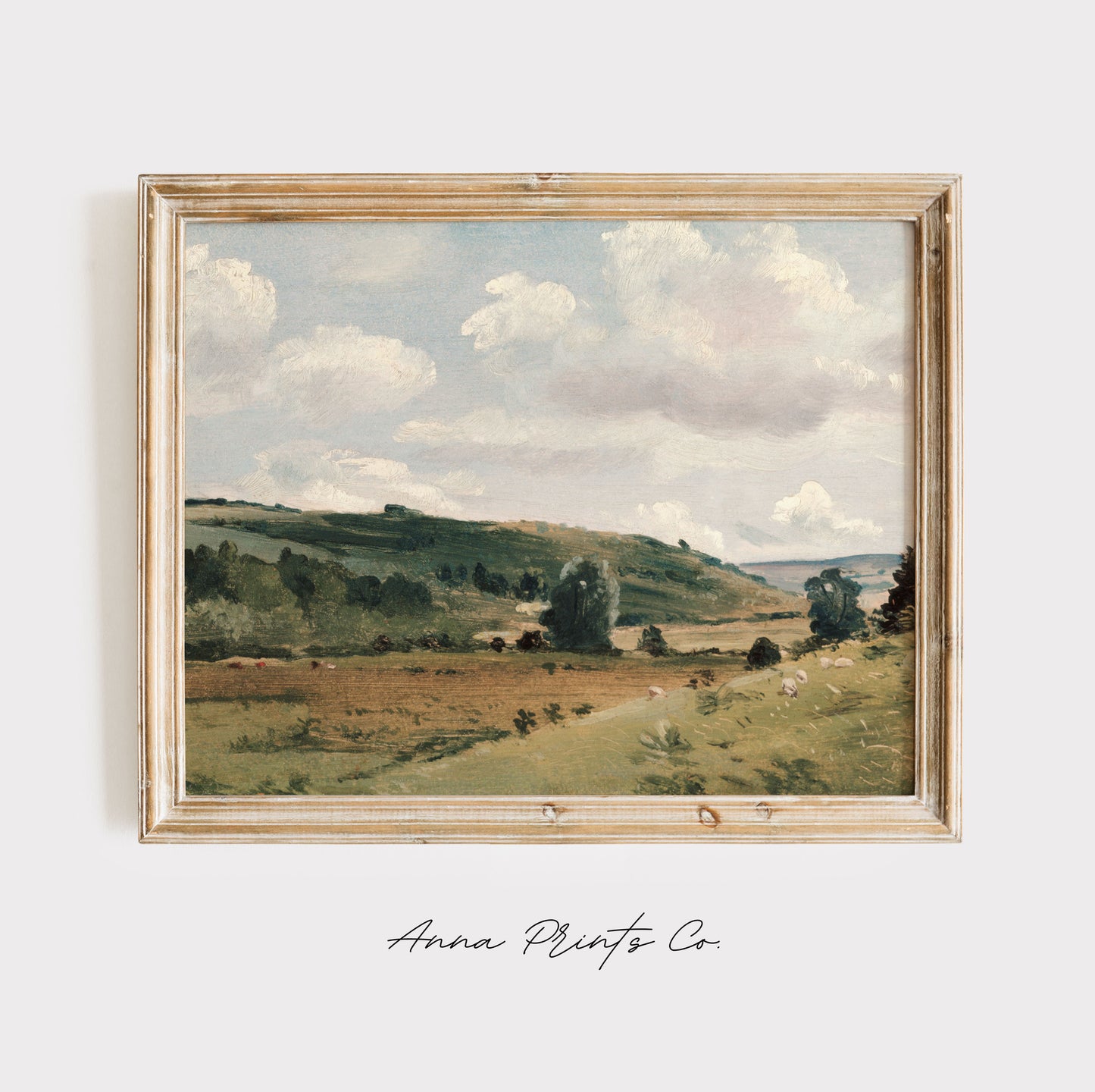 Vintage art print of Landscape Green Countryside Scene displayed in wooden frame