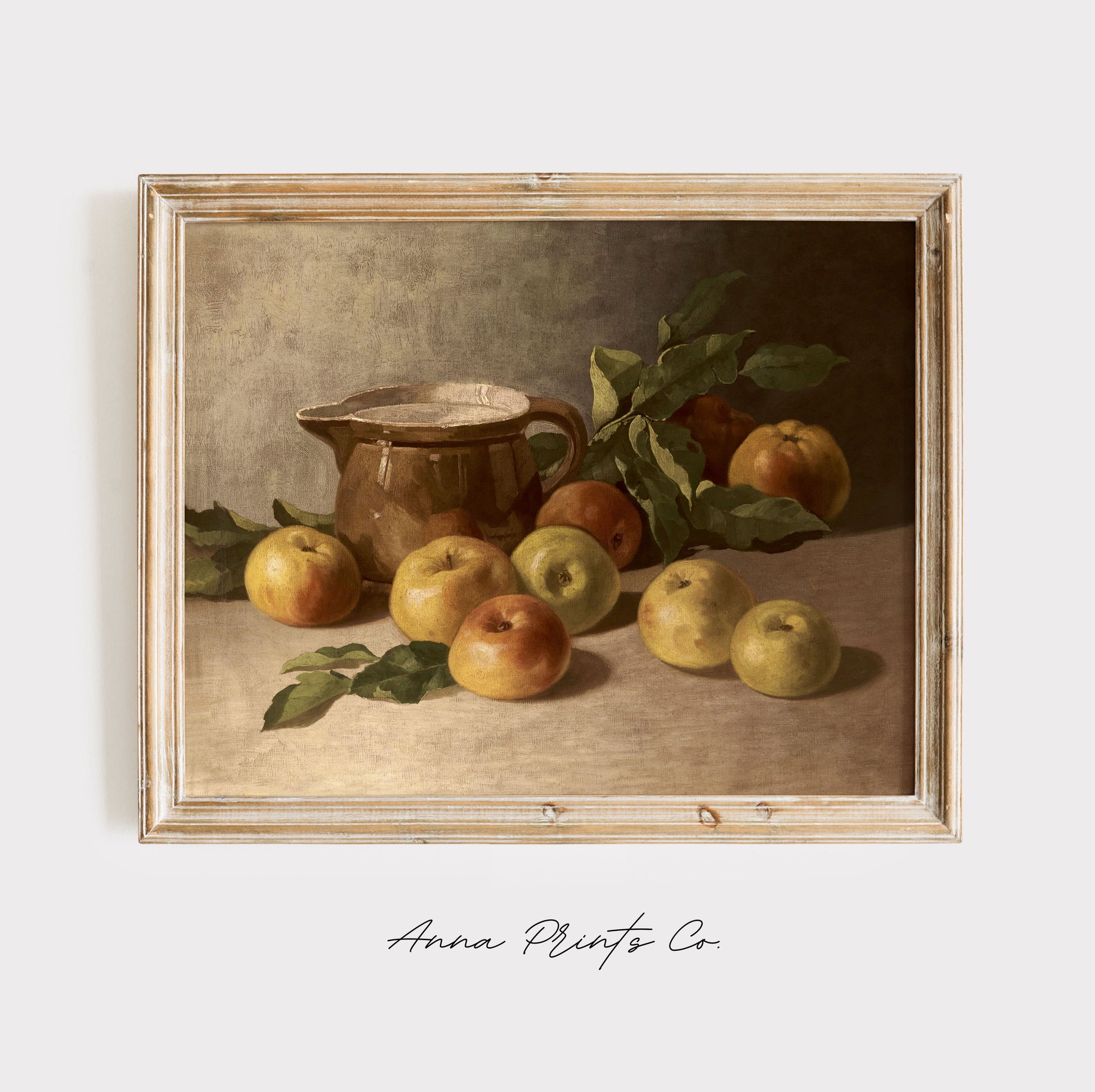 Vintage art print of Still Life with Apples Moody Artwork displayed in wooden frame