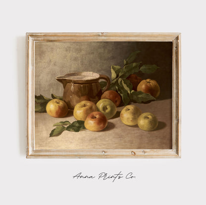 Vintage art print of Still Life with Apples Moody Artwork displayed in wooden frame