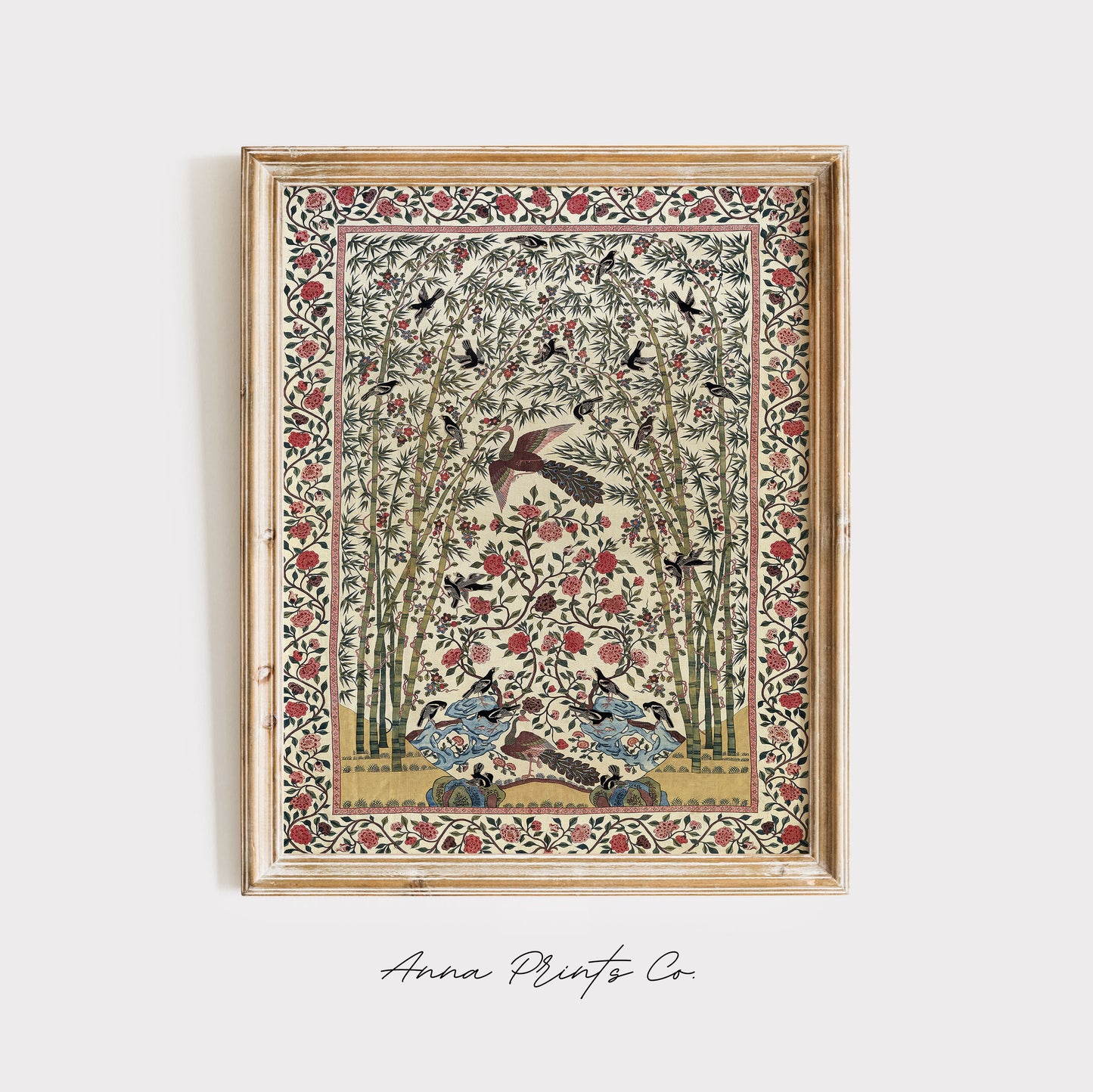Vintage art print of Indian Palampore with Birds Artwork displayed in wooden frame