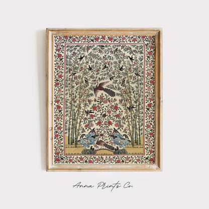 Vintage art print of Indian Palampore with Birds Artwork displayed in wooden frame