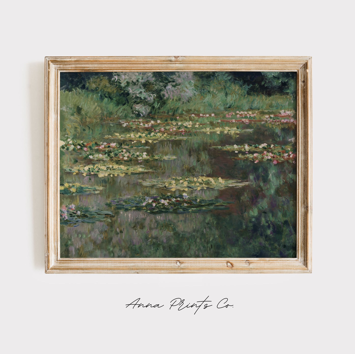 Vintage art print of The Nymphea Pond by Monet displayed in wooden frame