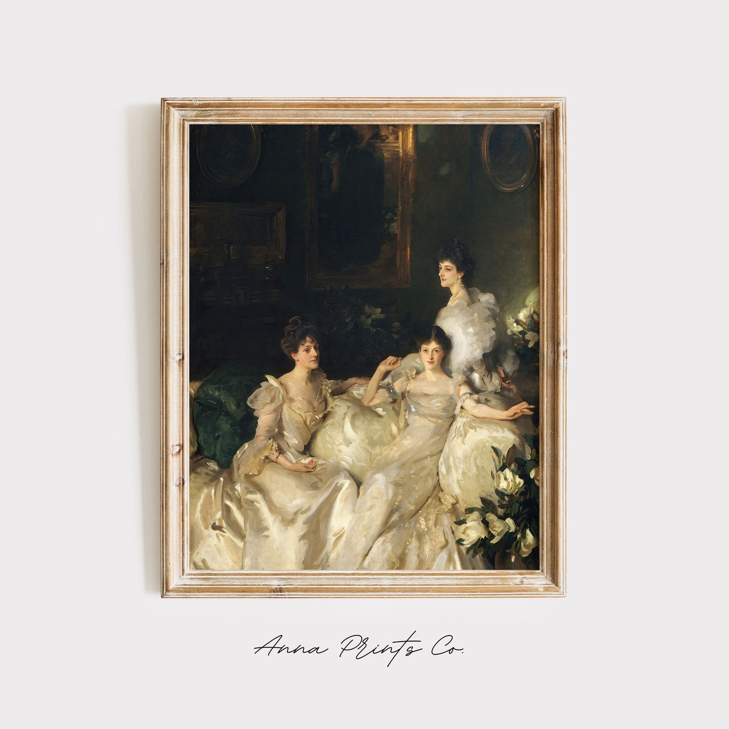 Vintage art print of The Wyndham Sisters by Sargent displayed in wooden frame