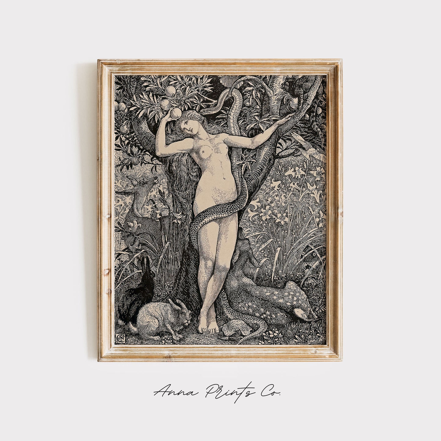 Vintage art print of Eve in the Garden Illustration displayed in wooden frame