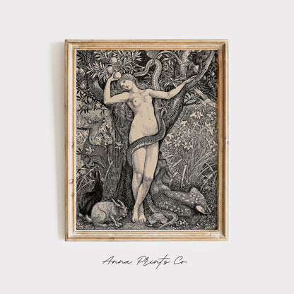 Vintage art print of Eve in the Garden Illustration displayed in wooden frame