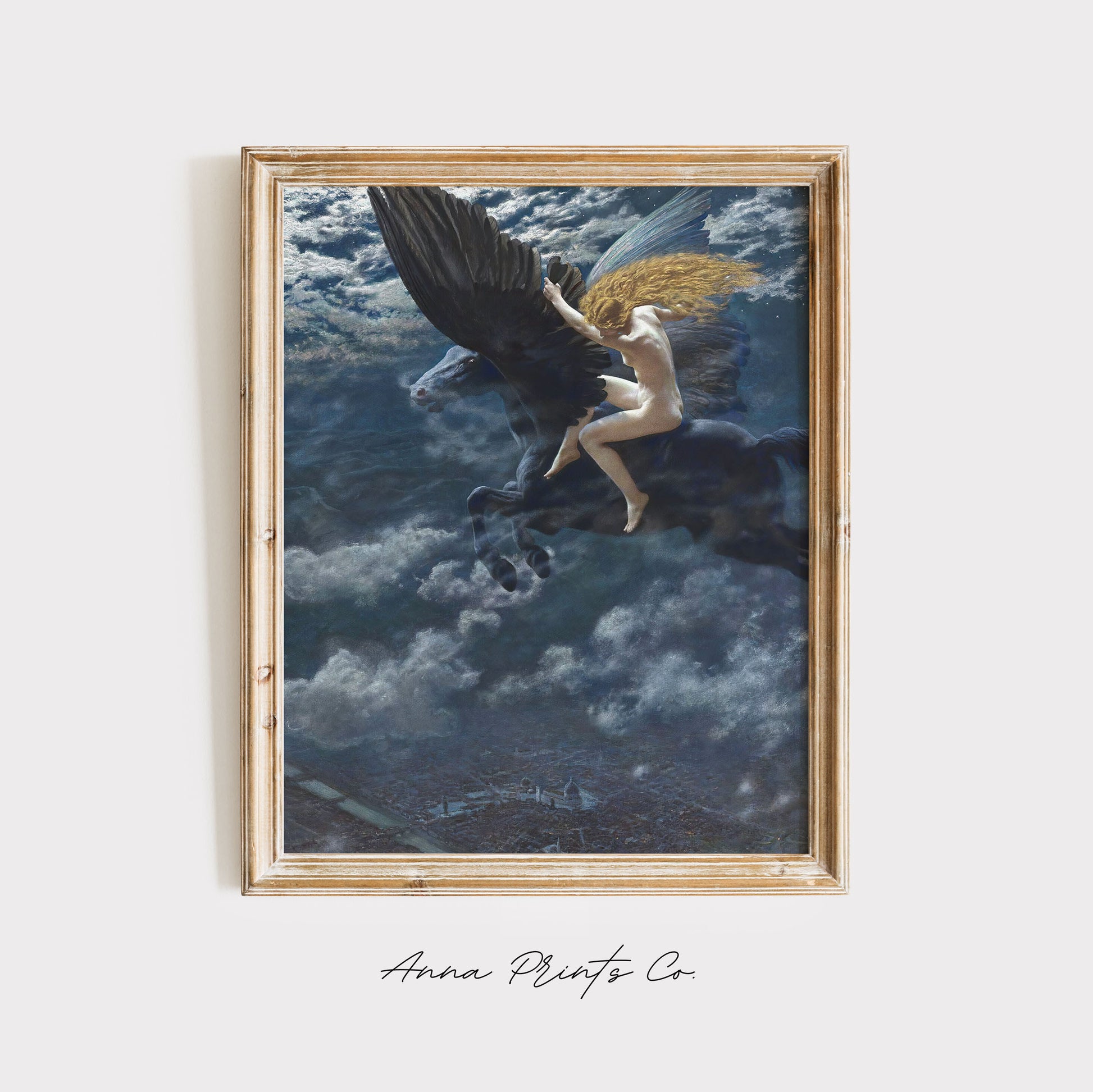 Vintage art print of Dream Idyll Valkyrie Painting displayed in wooden frame