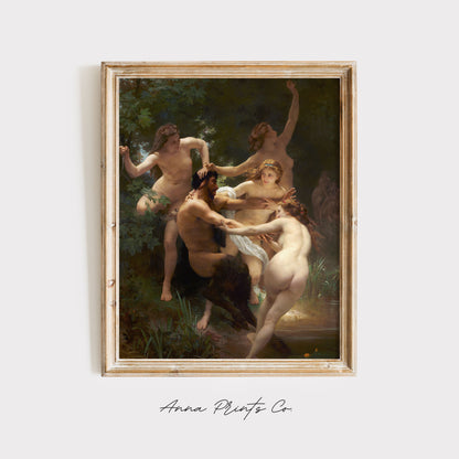 Vintage art print of Nymphs and Satyr by Bouguereau displayed in wooden frame