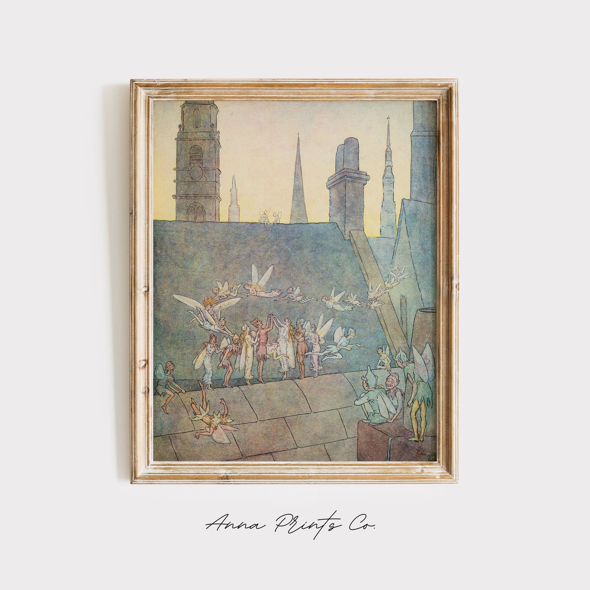 Vintage art print of Fairies Children's Storybook Drawing displayed in wooden frame