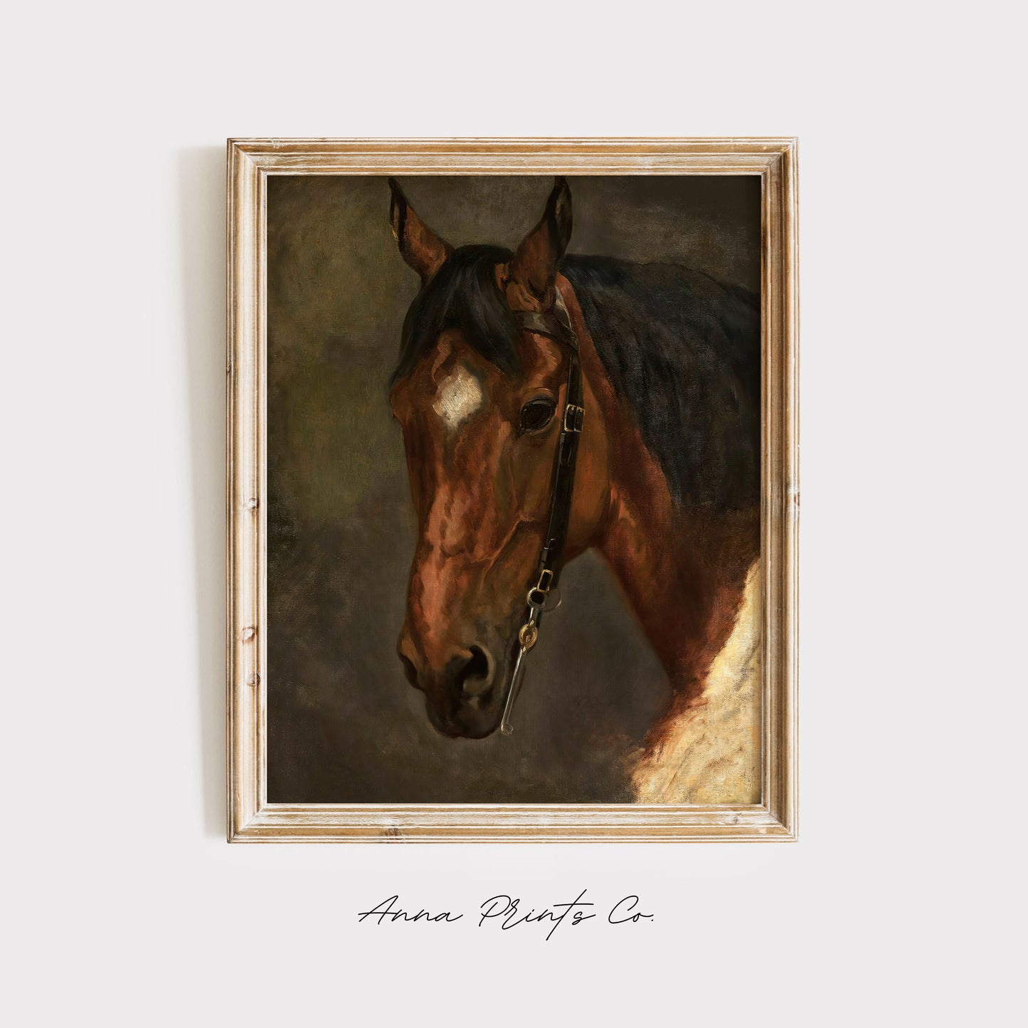 Vintage art print of Horse's Head Equestrian Painting displayed in wooden frame