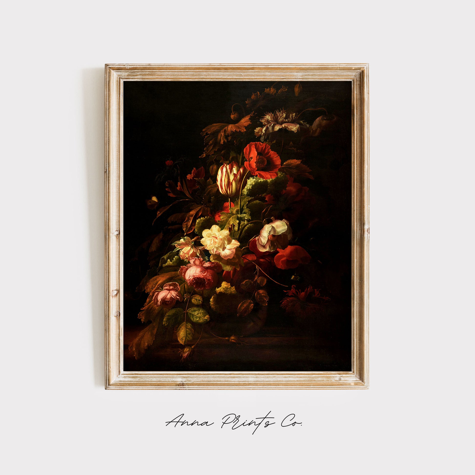 Vintage art print of Bouquet de Fleurs Still Life Painting displayed in wooden frame