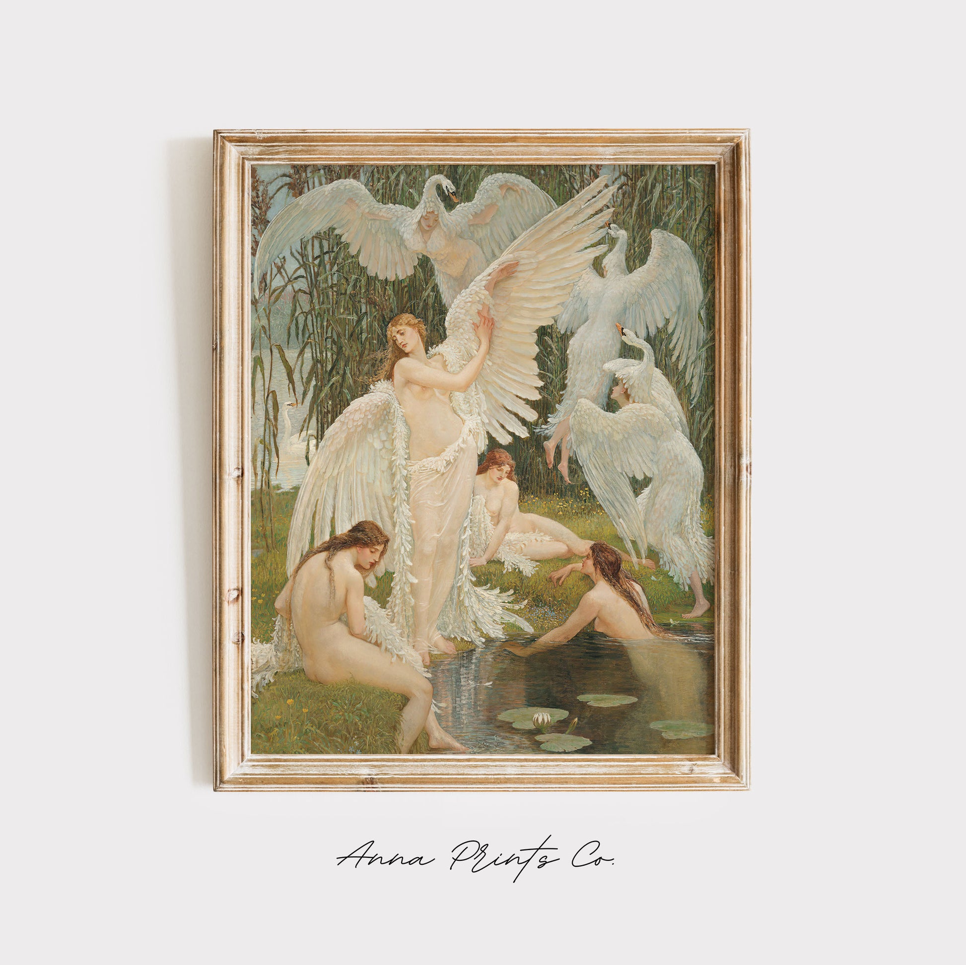 Vintage art print of The Swan Maidens Classical Painting displayed in wooden frame