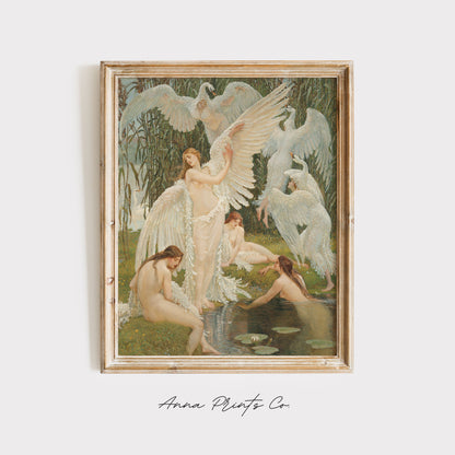 Vintage art print of The Swan Maidens Classical Painting displayed in wooden frame