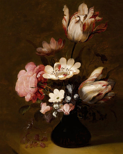 Art print of Still Life with Tulips, Peonies, Anemones, Hyacinths and Other Flowers in A Glass Vase on a Stone Ledge by Hans Bollingier, 1638