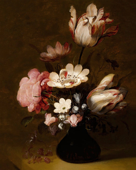 Art print of Still Life with Tulips, Peonies, Anemones, Hyacinths and Other Flowers in A Glass Vase on a Stone Ledge by Hans Bollingier, 1638