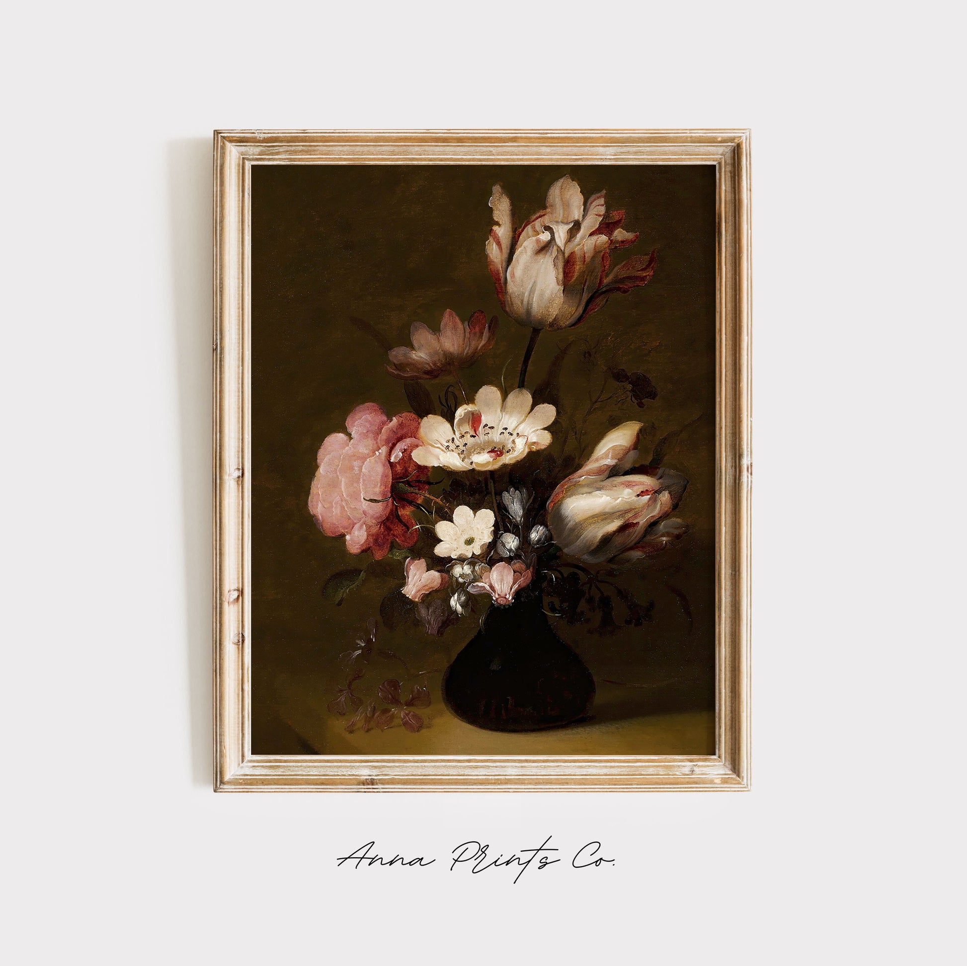 Vintage art print of Still Life with Moody Flowers displayed in wooden frame