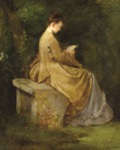 Art print of Lady Reading on a Bench by Marià Fortuny Marsal, 1871-1949