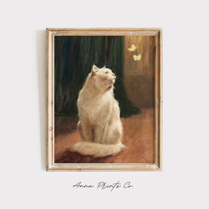 Vintage art print of White Cat Animal Artwork displayed in wooden frame