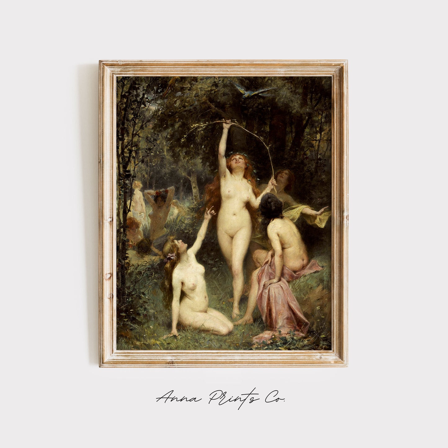 Vintage art print of Nymphs in a Forest Classical Painting displayed in wooden frame