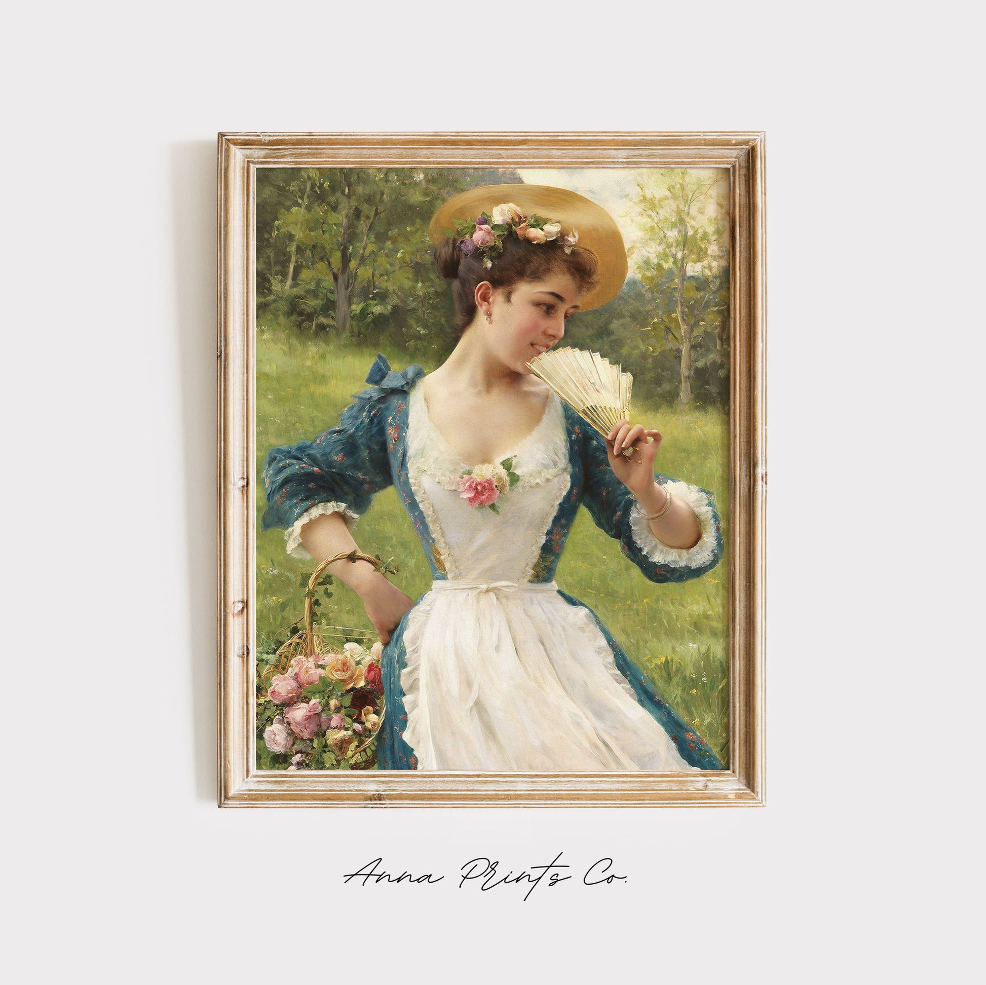 Vintage art print of Girl with Flowers Cottage Painting displayed in wooden frame