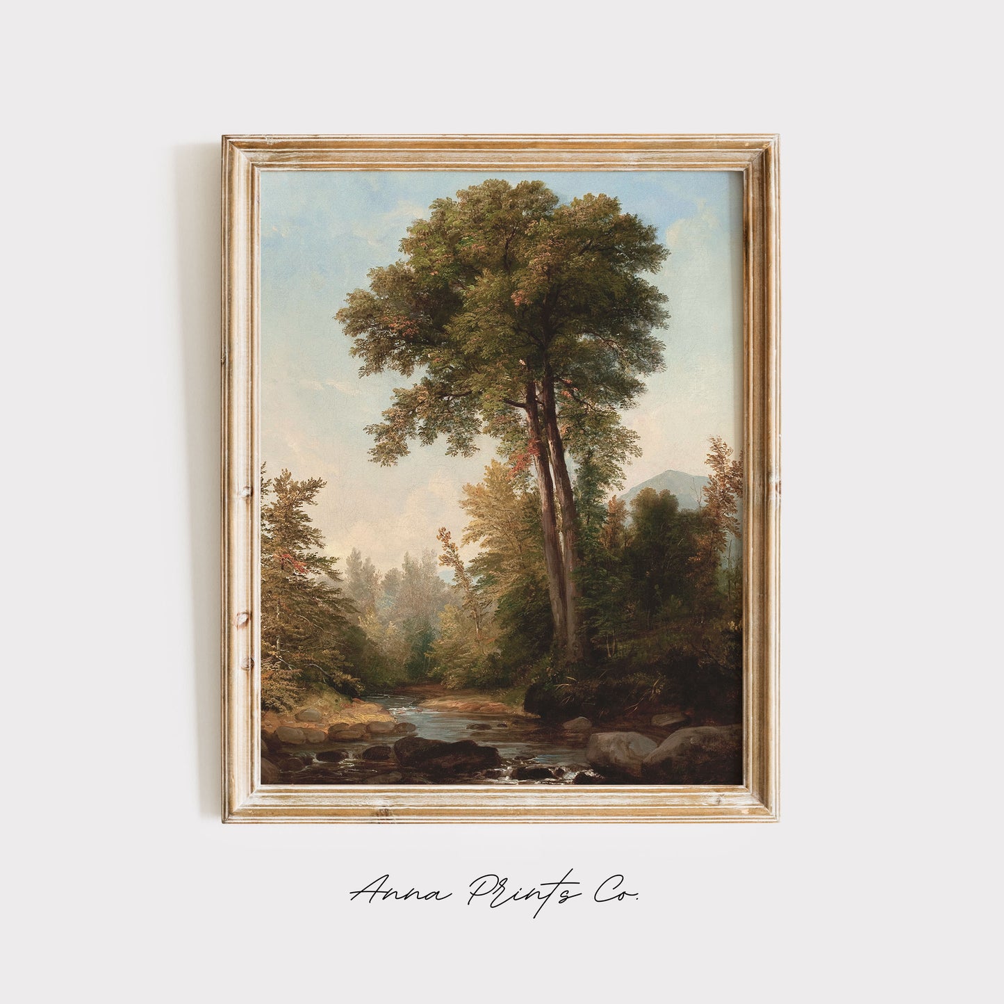 Vintage art print of Rustic Country Landscape displayed in wooden frame