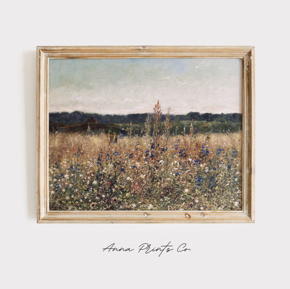 Vintage art print of Flower Field Landscape Painting displayed in wooden frame