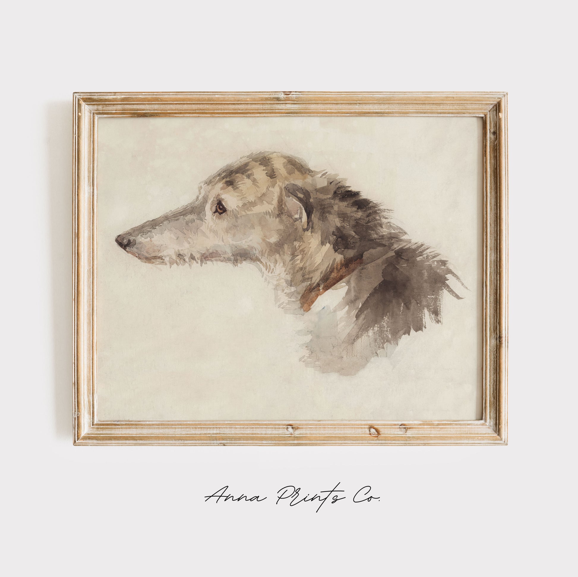 Vintage art print of Irish Wolfhound Dog Watercolor displayed in wooden frame