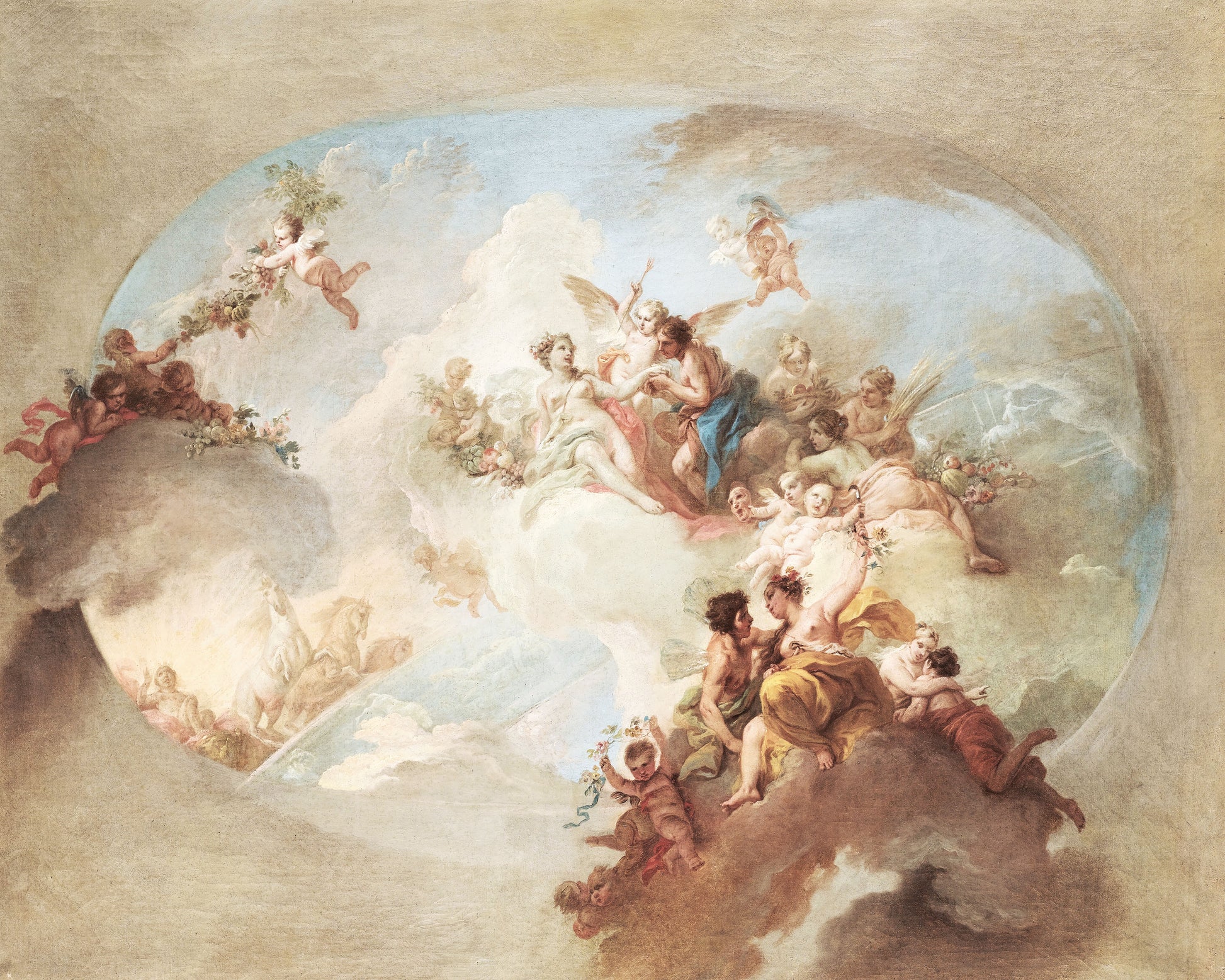 Art print of An Allegory of Summer with Flora and Zephyr, Mars, and Venus, the Chariot of Appollo and the Constellation of Gemini by Claudio Francesco Beaumont, 1766