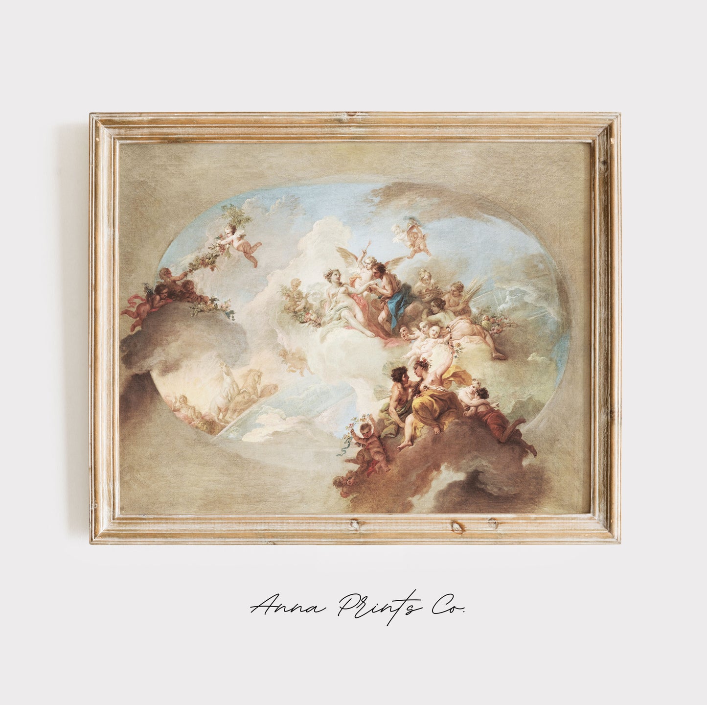 Vintage art print of Roman Mythology Painting displayed in wooden frame